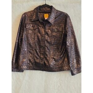 Ruby Rd Womens Bronze Metallic Animal Print Button Front Jacket Size 14 Copper